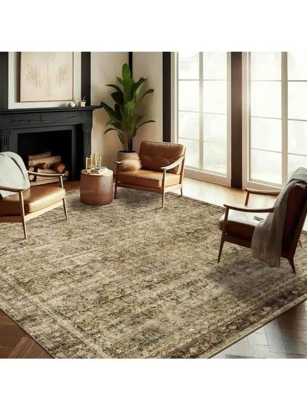 Rug 8x10 Washable green Brown Vintage Distressed Indoor Foldable Retro